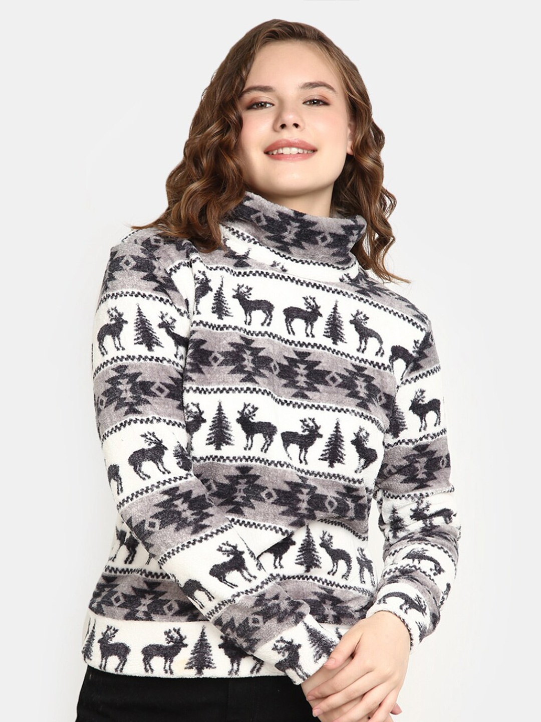 

V-Mart Printed Cotton High Neck Sweatshirt, White