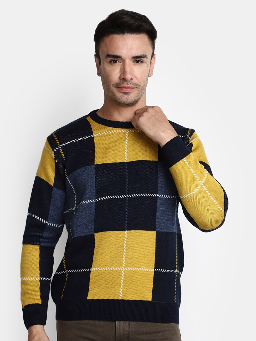 

V-Mart Checked Cotton Pullover, Navy blue