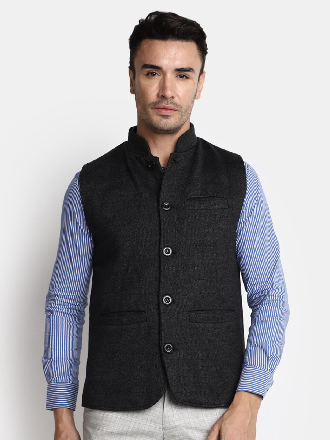 

V-Mart Mandarin Collar Sleeveless Nehru Jacket, Charcoal