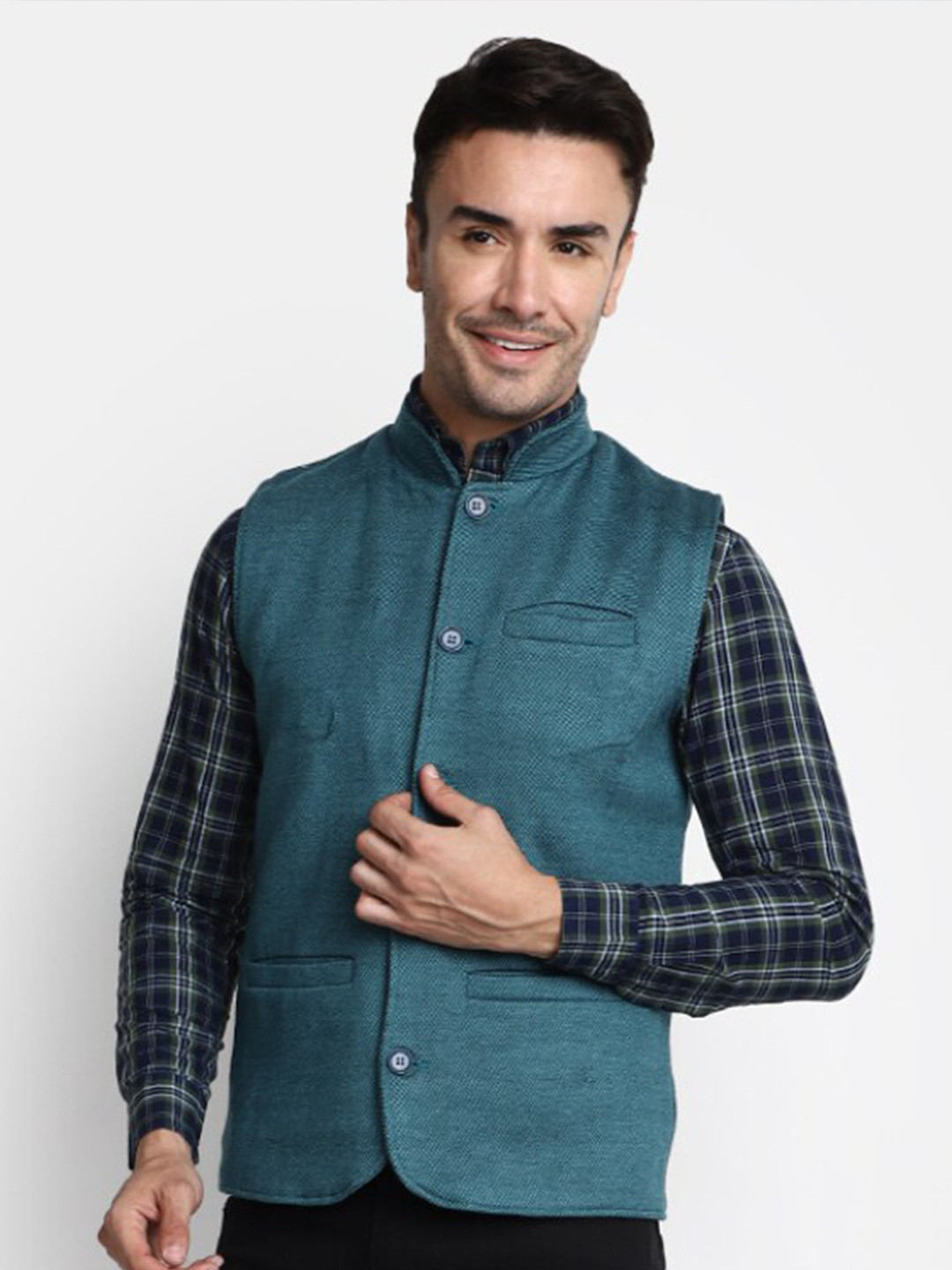 

V-Mart Mandarin Collar Woven Nehru Jacket, Teal