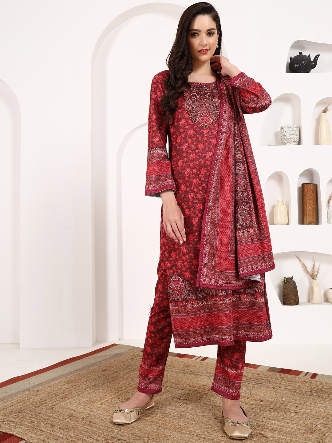 

Ziva Fashion Floral Printed Regular Pure Wool Kurta With Trousers & Dupatta, Maroon