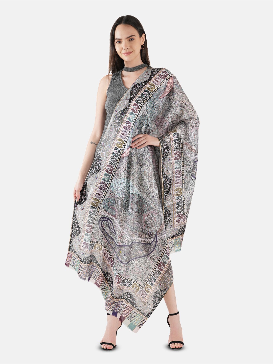

MUFFLY Women Kalmakari Printed Fine Soft Bamboo Shawl, Grey
