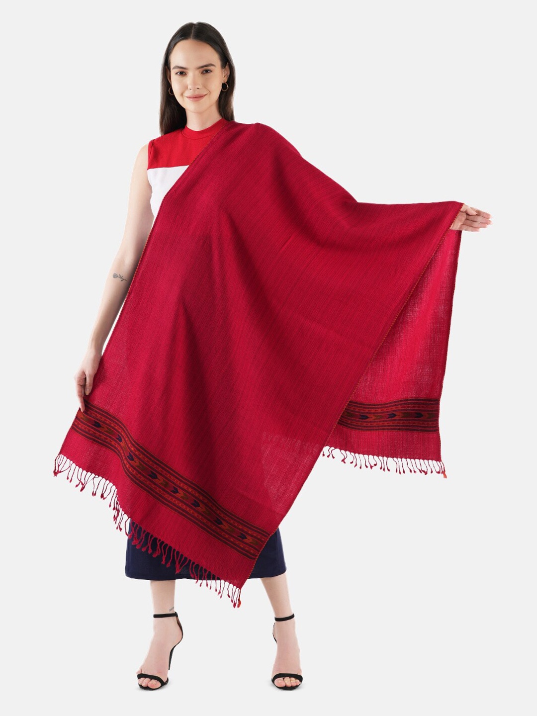 

MUFFLY Ethnic Motifs Woven Design Woollen Stole, Maroon