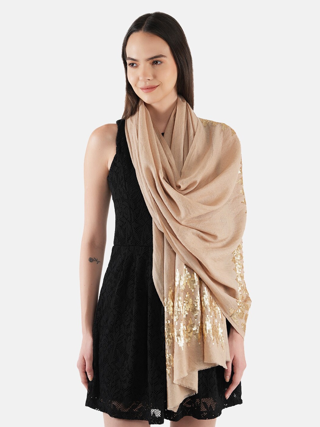 

MUFFLY Embellished Woollen Stole, Beige