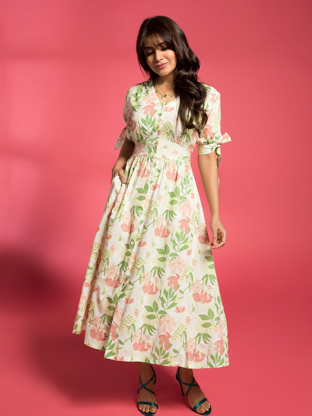 

Saaki Floral Printed V-Neck Cotton Shirt Style Dress, Off white