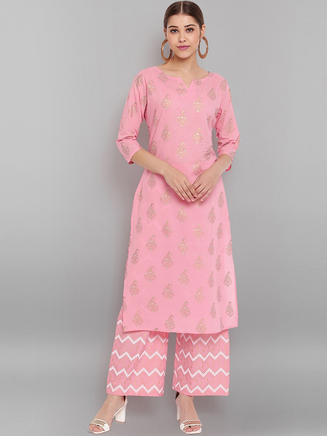 

Janasya Pink Ethnic Motifs Printed Pure Cotton Kurta With Palazzos
