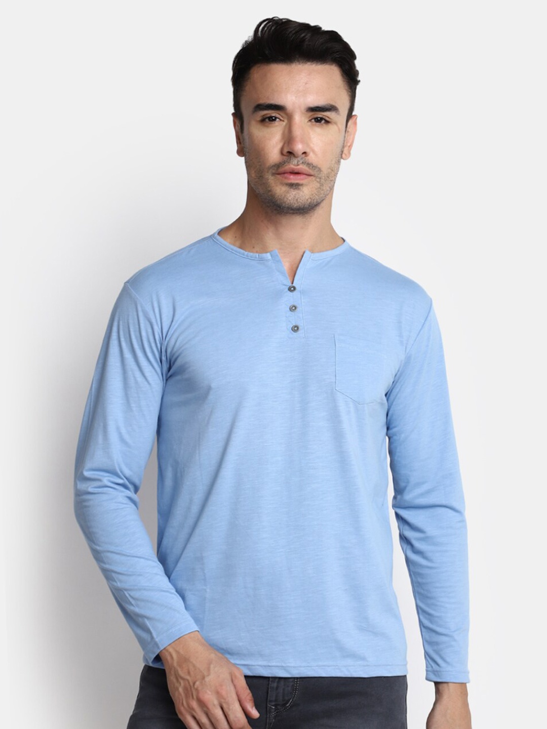 

V-Mart Henley Neck Cotton Casual T-Shirt, Blue