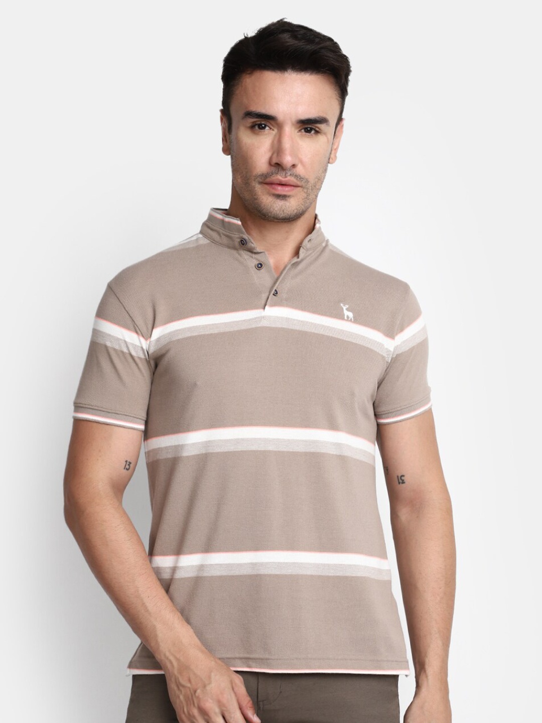

V-Mart Striped Mandarin Collar Cotton T-shirt, Brown