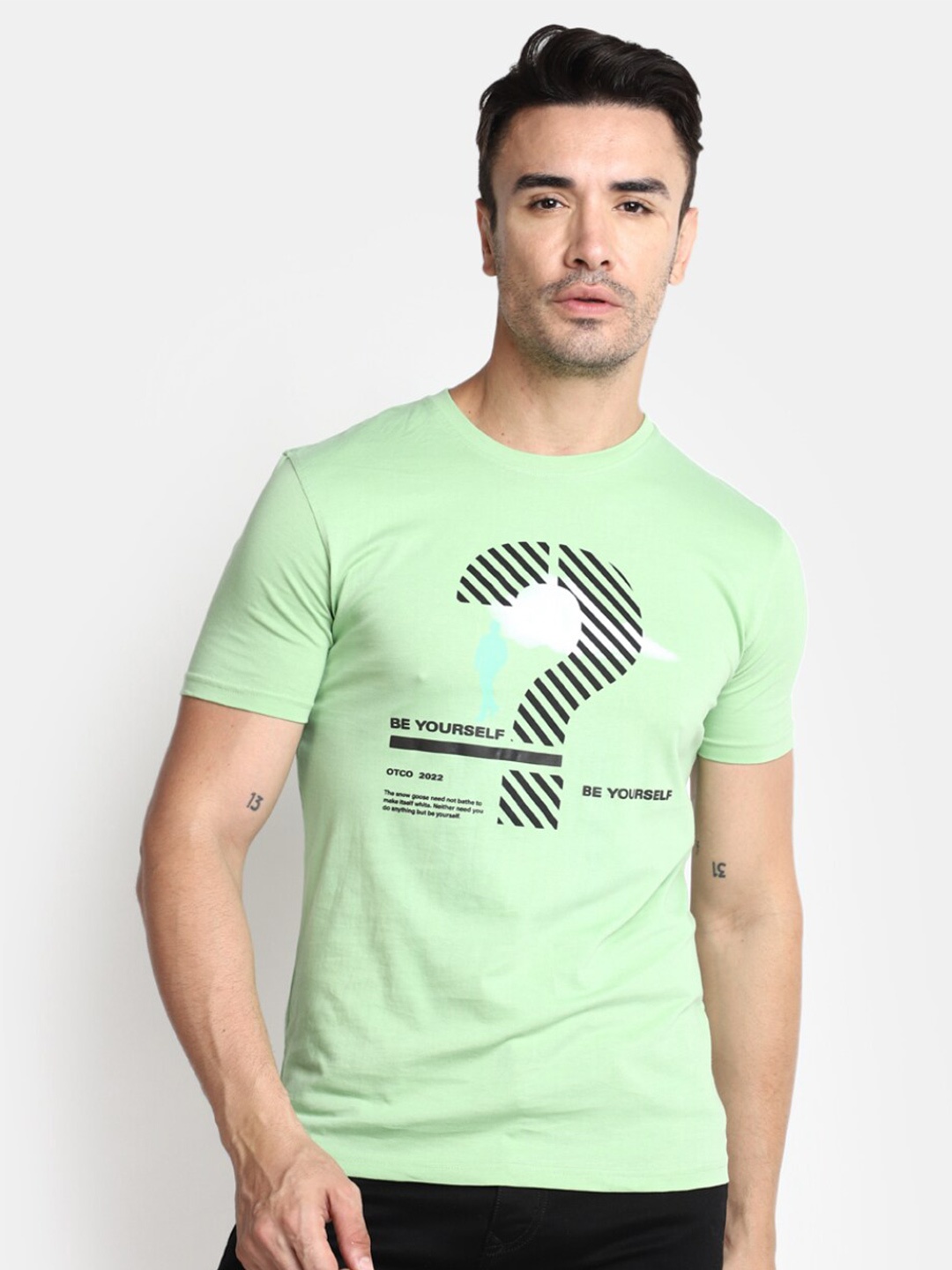 

V-Mart Typography Printed Slim Fit Cotton T-shirt, Green