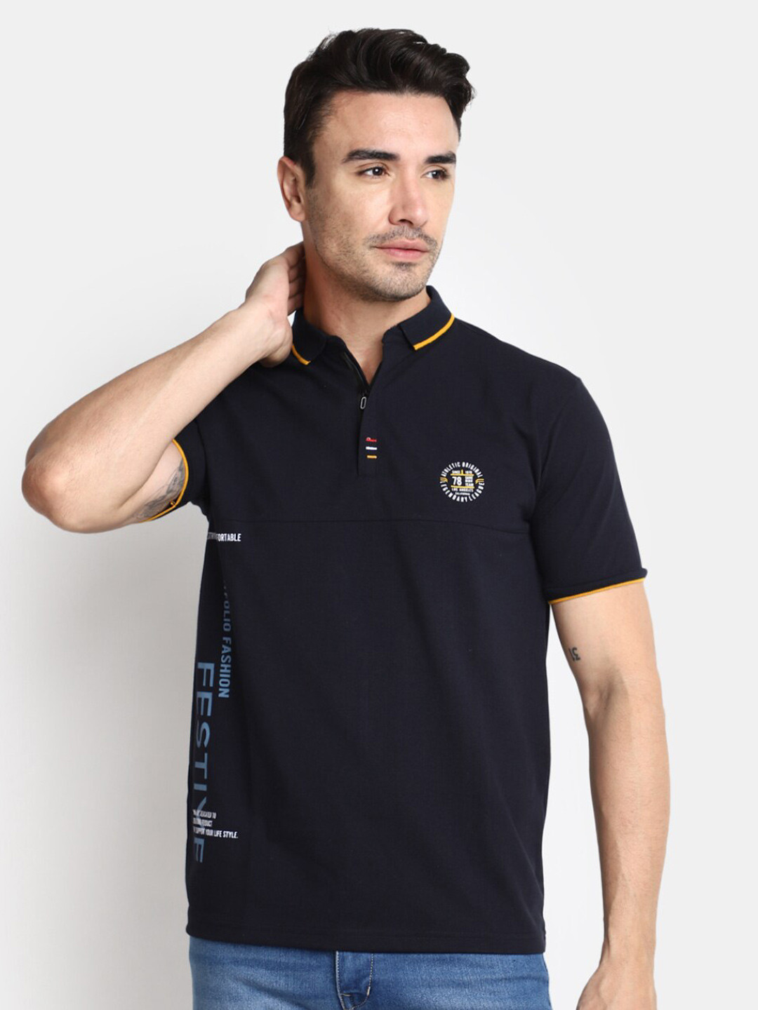 

V-Mart Typography Polo Collar Cotton T-shirt, Blue