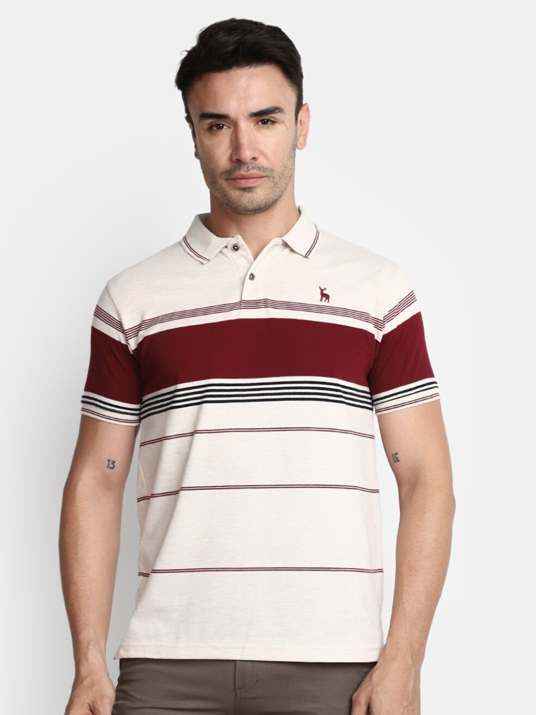 

V-Mart Striped Polo Collar Cotton T-shirt, Beige