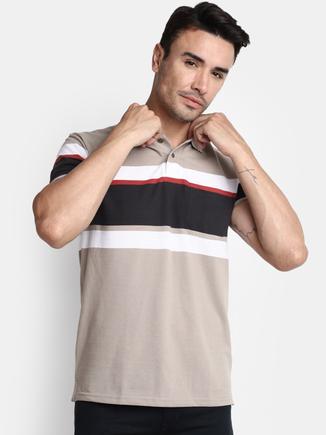 

V-Mart Regular Fit Striped Polo Collar Cotton T-shirt, Beige