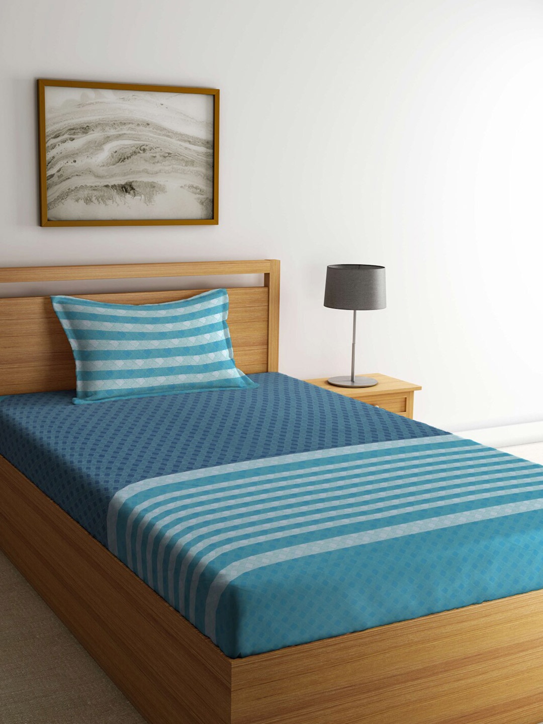 

Arrabi Blue & White Geometric 300 TC Flat Single Bedsheet With 1 Pillow Cover