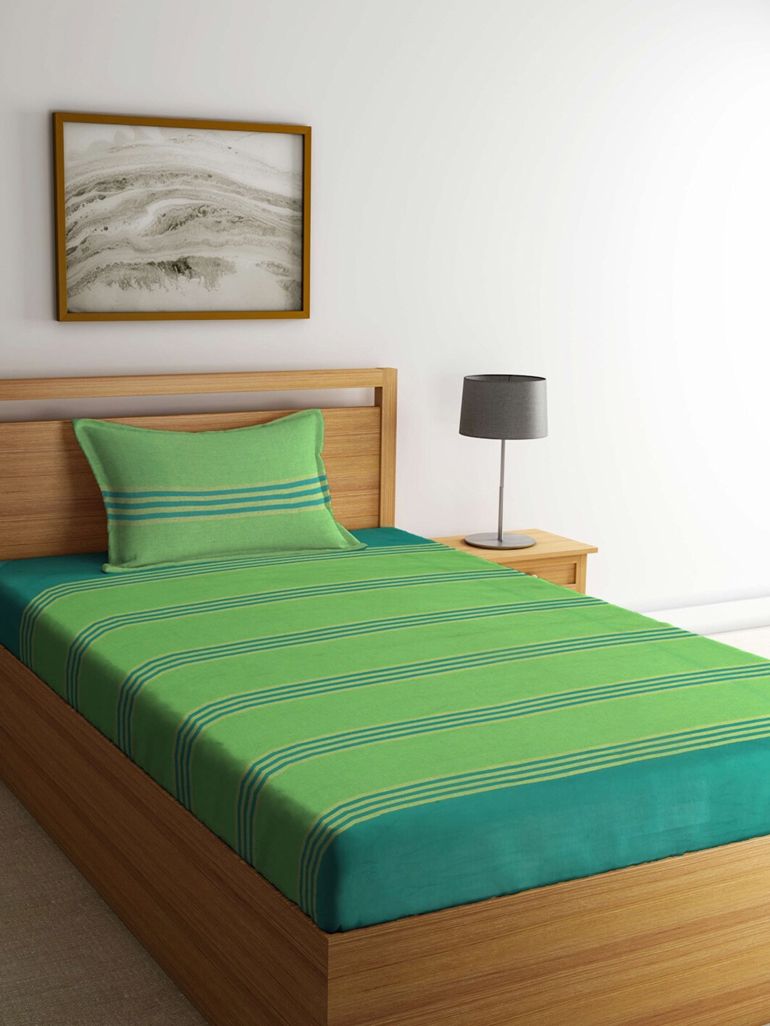 

Arrabi Green & Blue Striped 300 TC Single Bedsheet with 1 Pillow Cover