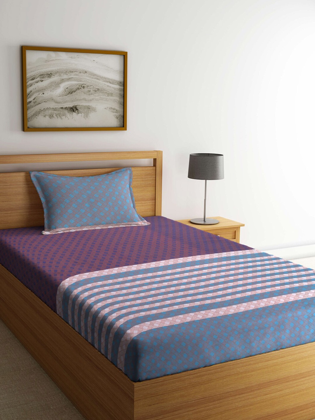 

Arrabi Blue & Pink Geometric 300 TC Flat Single Bedsheet With 1 Pillow Cover