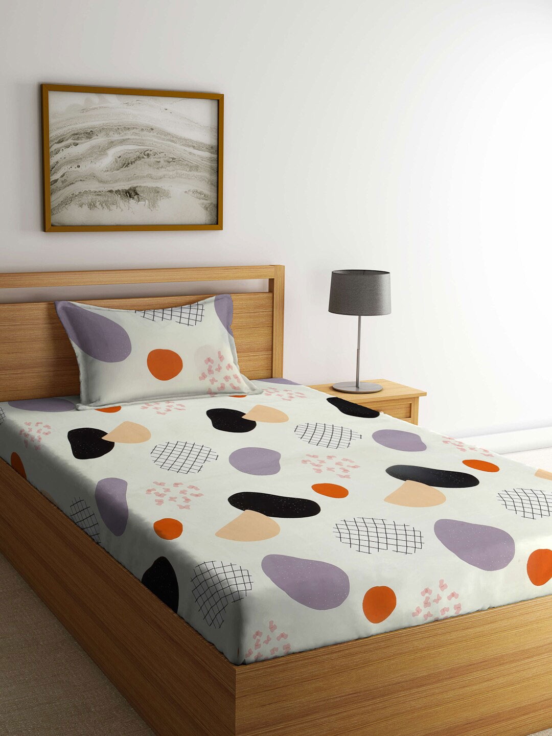 

Arrabi Cream-Coloured & Purple Geometric 300 TC Single Bedsheet with 1 Pillow Cover