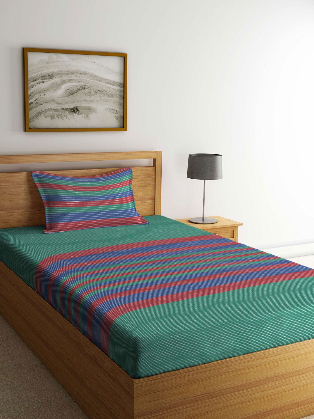 

Arrabi Green & Blue Striped 300 TC Flat Single Bedsheet With 1 Pillow Cover