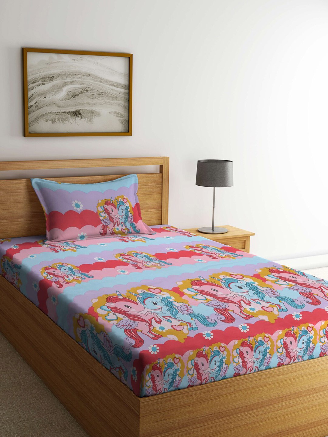 

Arrabi Pink & Red Cartoon Characters 300 TC Flat Single Bedsheet With 1 Pillow Cover