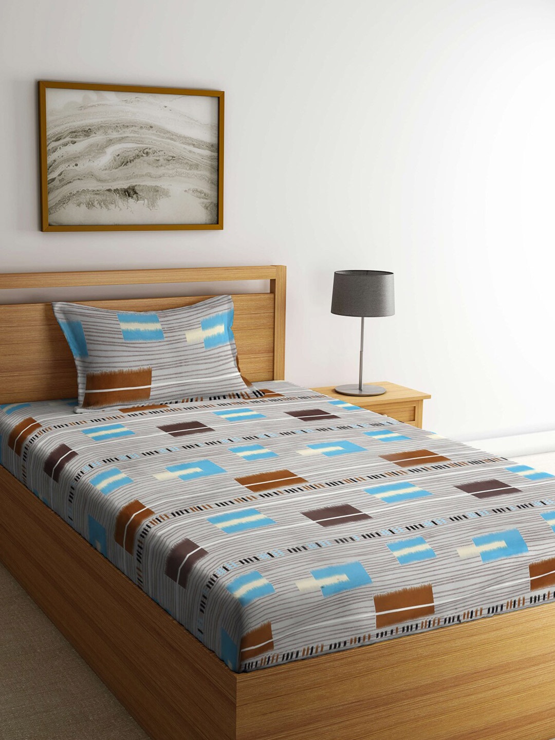 

Arrabi Grey & Brown Geometric 300 TC Single Bedsheet with 1 Pillow Cover
