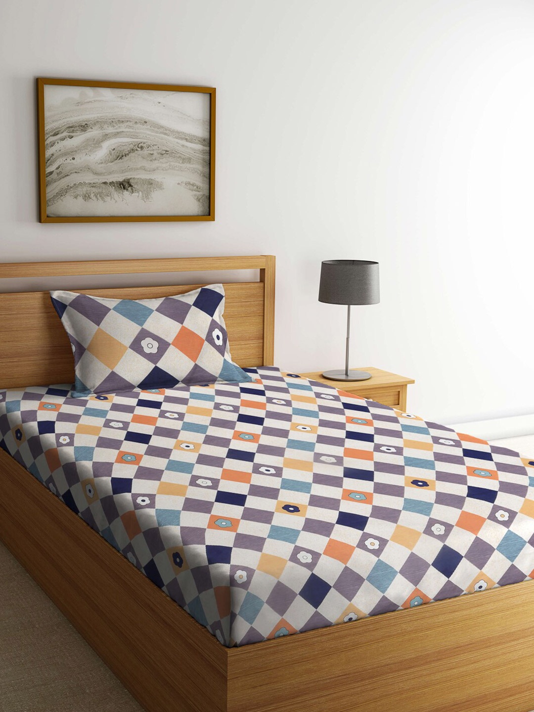 

Arrabi Blue & White Geometric 300 TC Single Bedsheet with 1 Pillow Cover