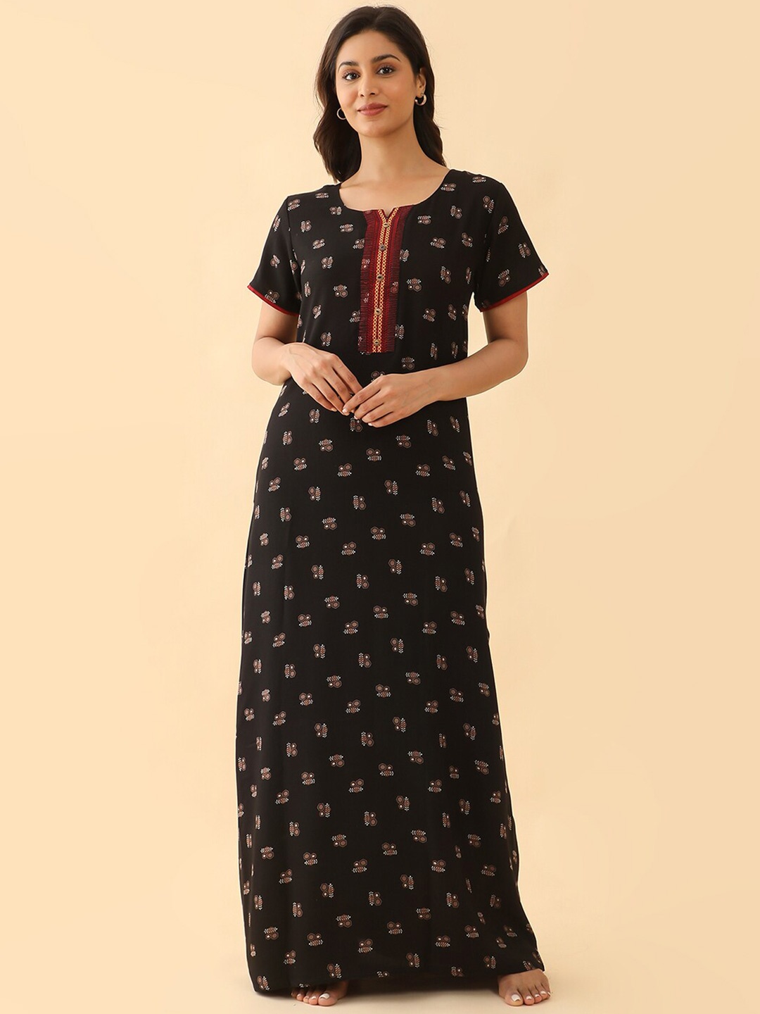 

Maybell Ethnic Motifs Printed Pure Cotton Maxi Nightdress, Black