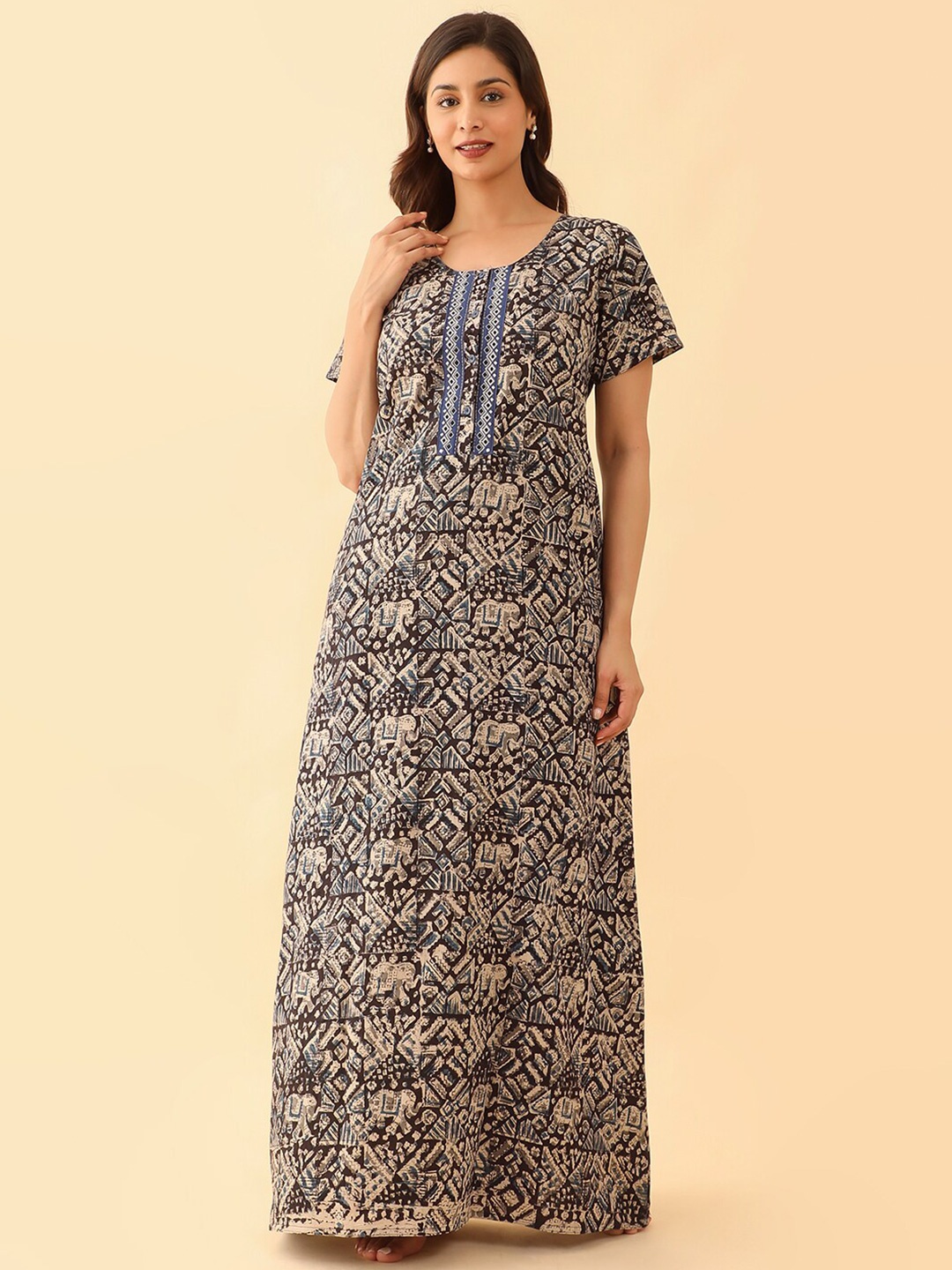 

Maybell Ethnic Motifs Printed Pure Cotton Maxi Nightdress, Black