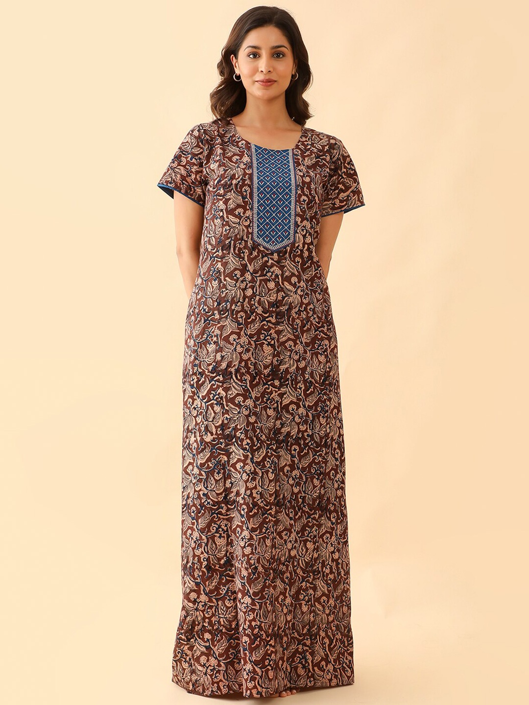 

Maybell Floral Printed Pure Cotton Maxi Nightdress, Brown