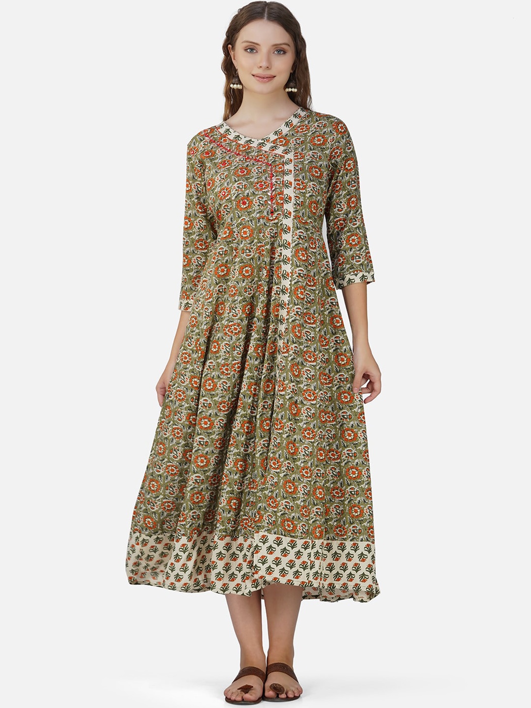

Charitra Floral Printed Fit and Flare Midi Ethnic Dress, Olive