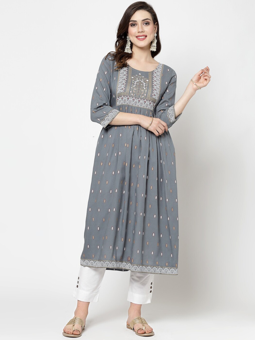 

KALINI Ethnic Motifs Printed Pleated Kurta, Grey