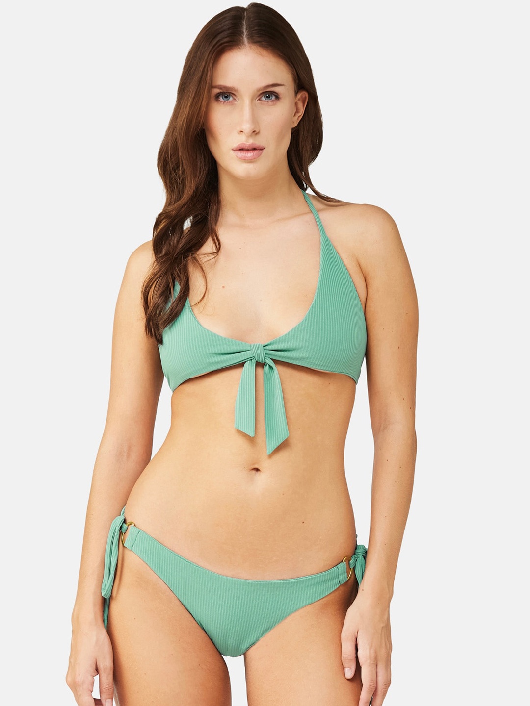 

SECRETS BY ZEROKAATA Solid Ribbed Beach Wear Bikini Set, Sea green