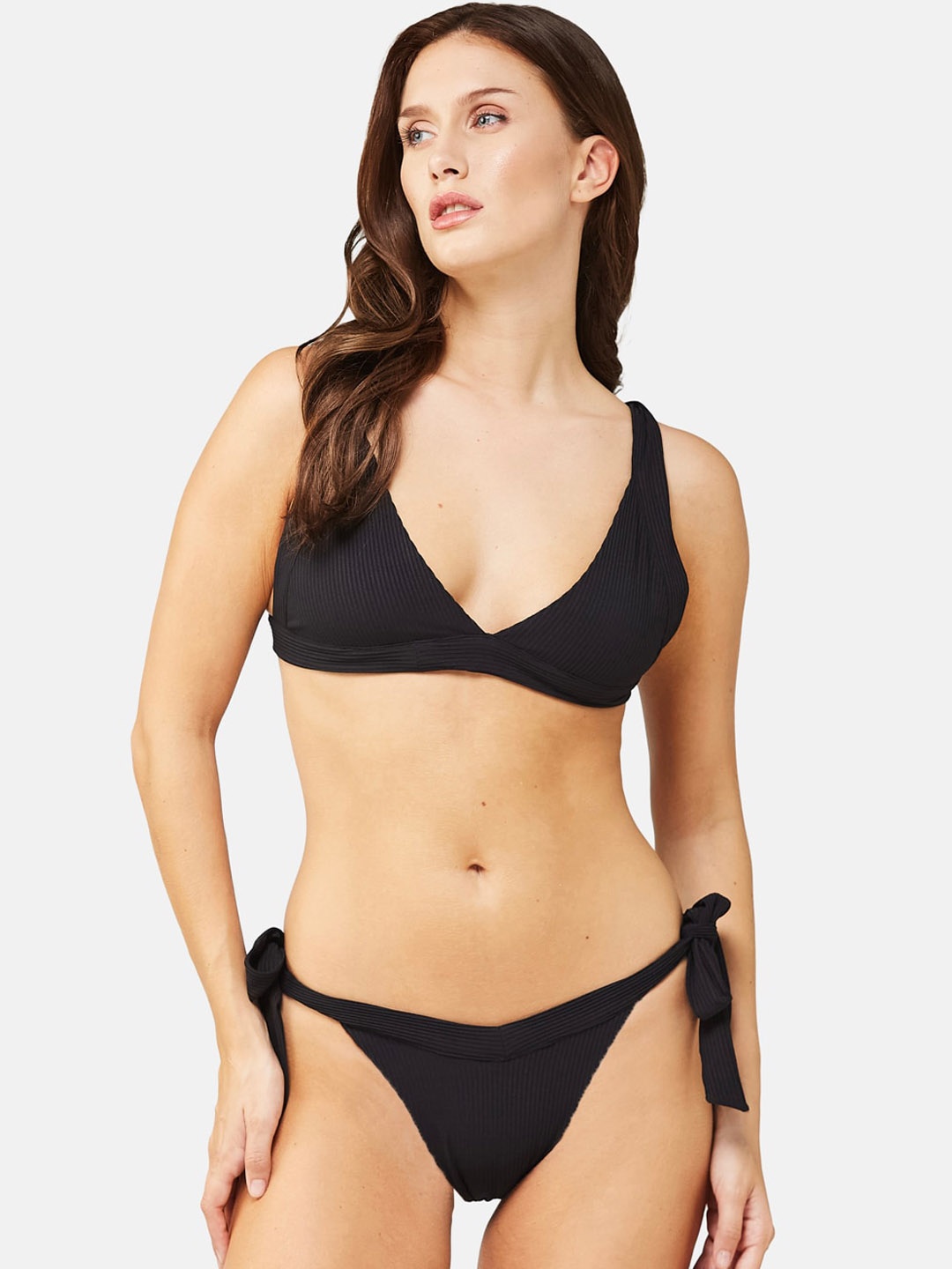 

SECRETS BY ZEROKAATA Stretchable Ribbed Swim Bikini Set, Black
