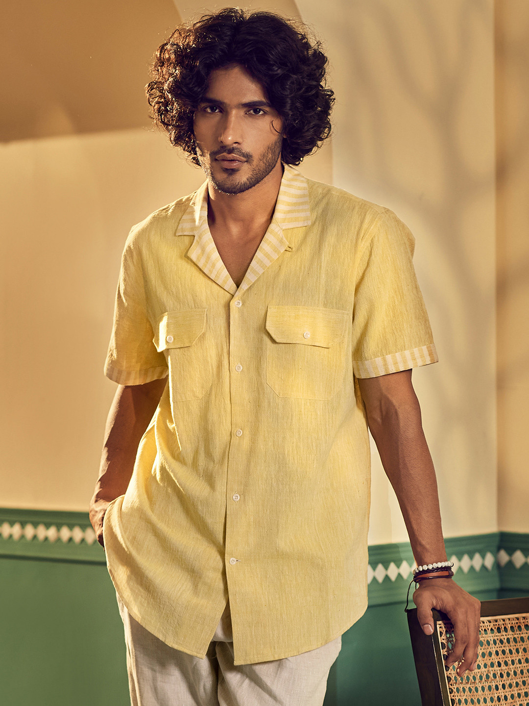 

Earthpiece Striped Cuban Collar Relaxed Regular Fit Opaque Cotton Casual Shirt, Yellow