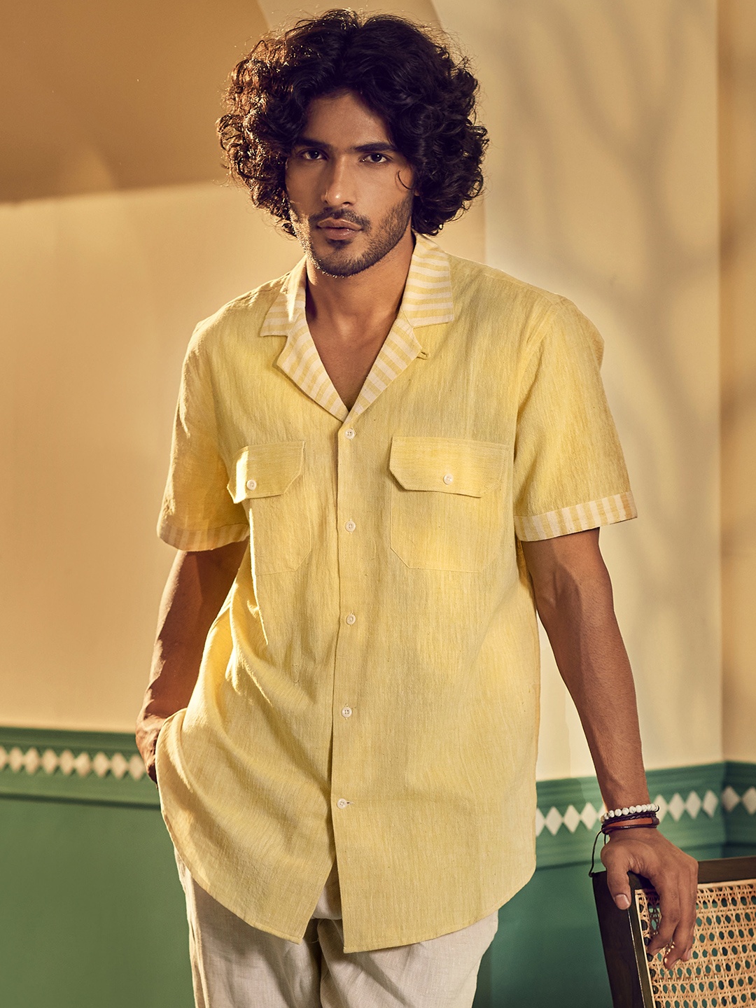 

Earthpiece Striped Cuban Collar Relaxed Regular Fit Opaque Cotton Casual Shirt, Yellow