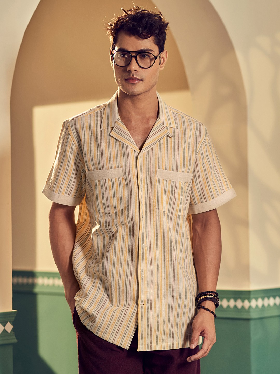 

Earthpiece Men Striped Cuban Collar Relaxed Regular Fit Opaque Cotton Casual Shirt, Off white
