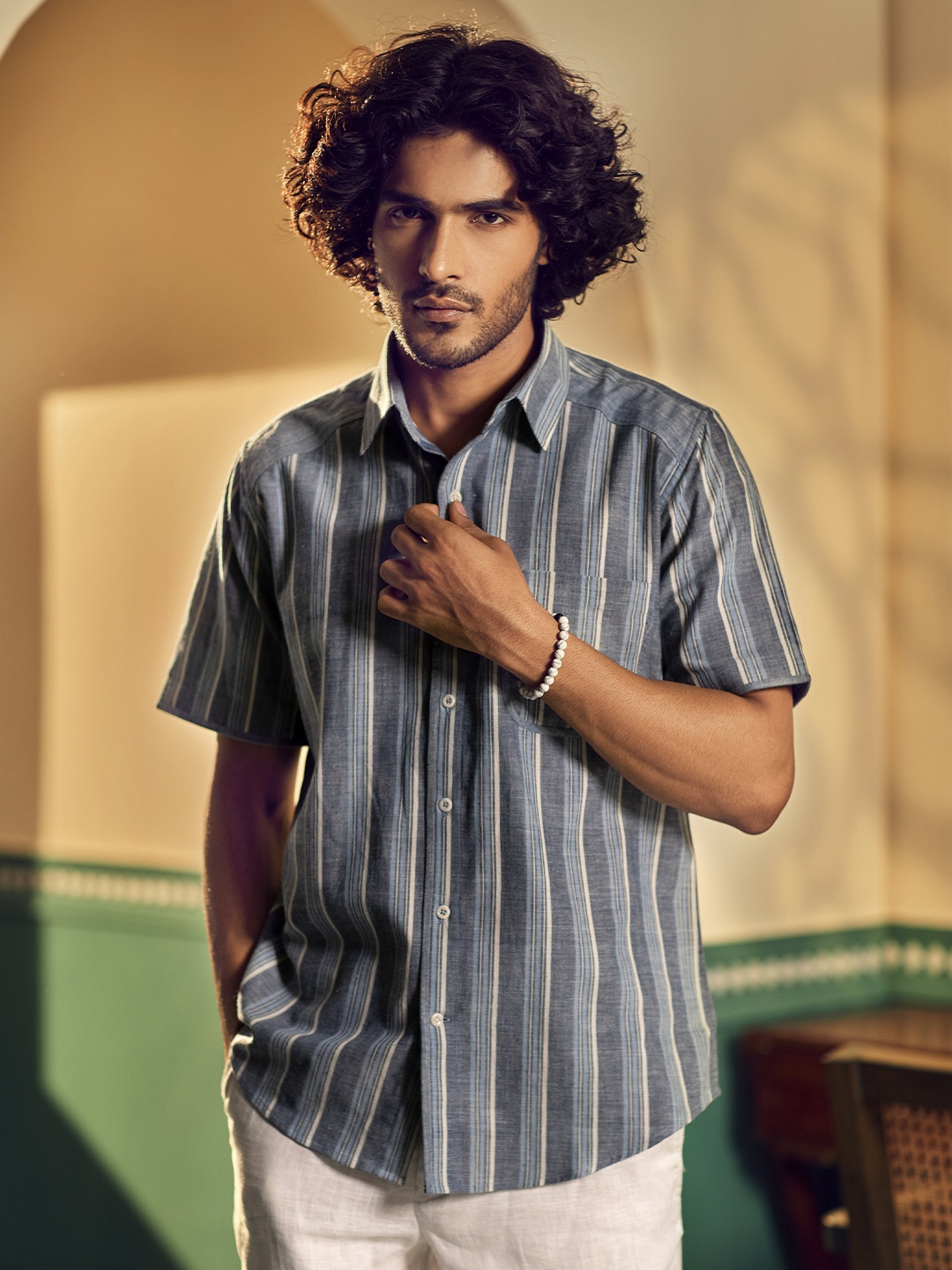 

Earthpiece Relaxed Vertical Stripes Cotton Casual Shirt, Blue
