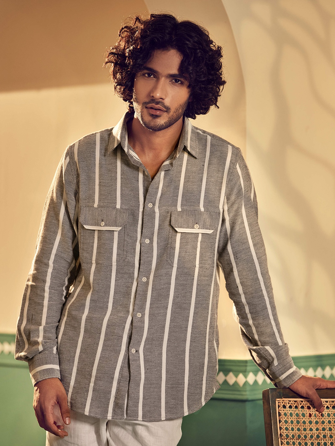 

Earthpiece Classic Vertical Stripes Cotton Casual Shirt, Grey