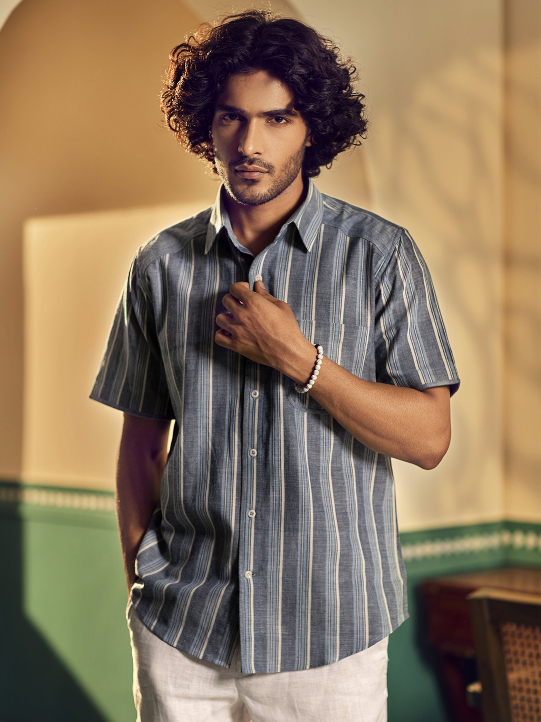 

Earthpiece Relaxed Vertical Stripes Cotton Casual Shirt, Blue