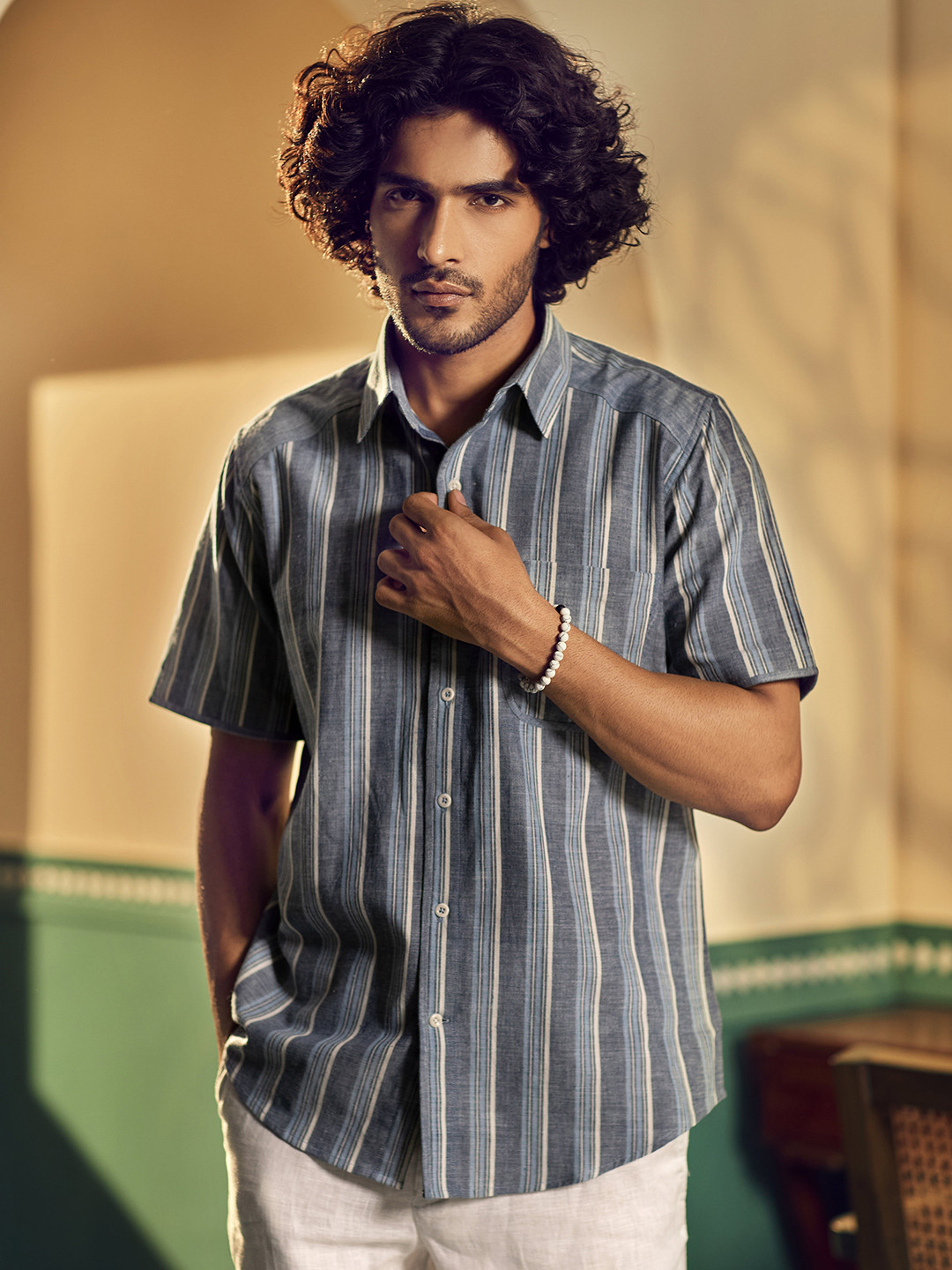 

Earthpiece Relaxed Striped Opaque Pure Cotton Casual Shirt, Blue