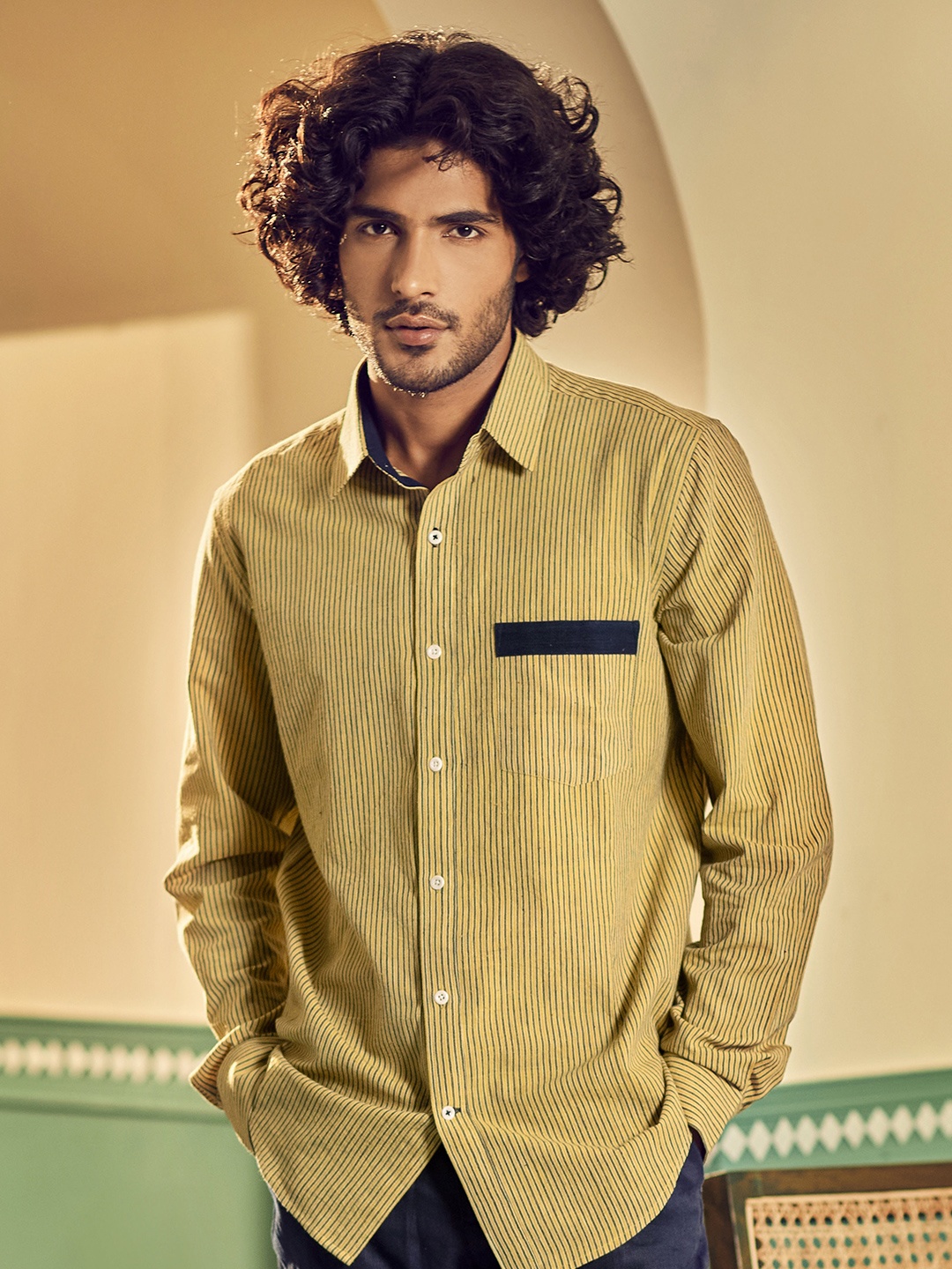 

Earthpiece Classic Striped Opaque Pure Cotton Casual Shirt, Yellow