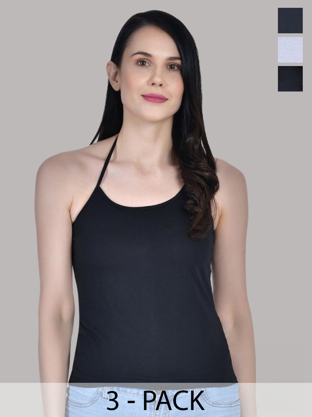 

Aimly Pack Of 3 Halter-Neck Cotton Camisoles, Black