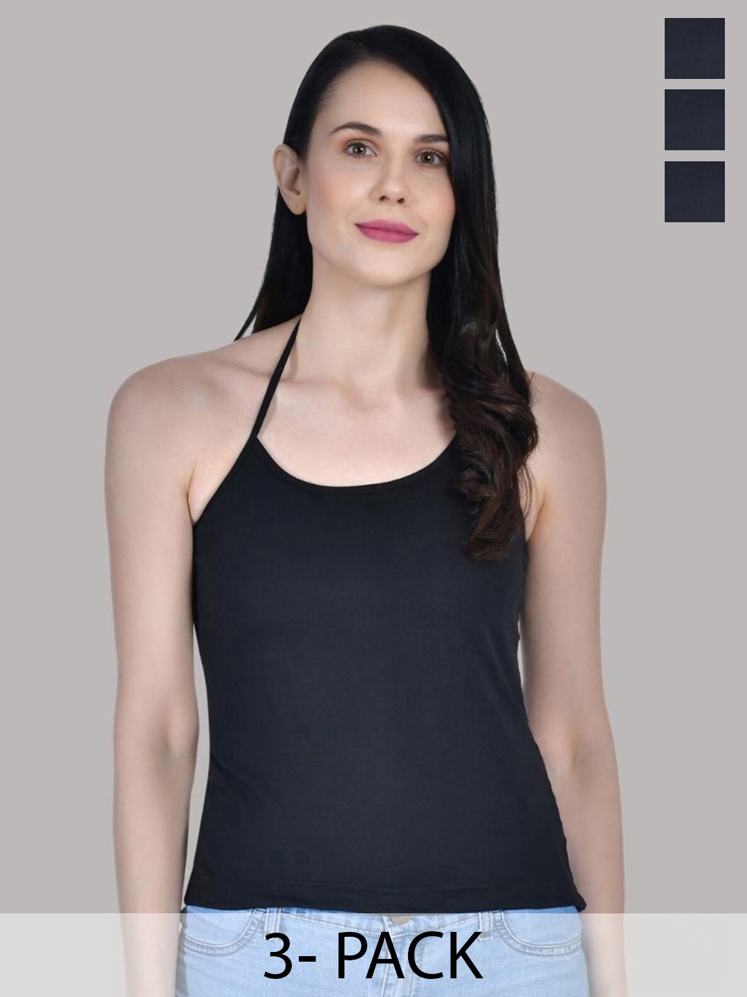 

Aimly Pack Of 3 Halter Neck Sleeveless Cotton Camisoles, Black