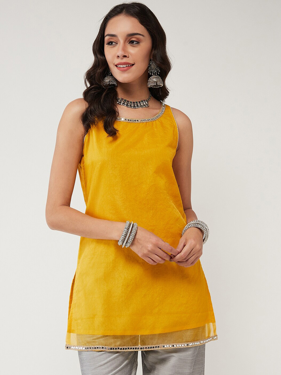 

Pannkh Round Neck Sleeveles Kurti, Yellow