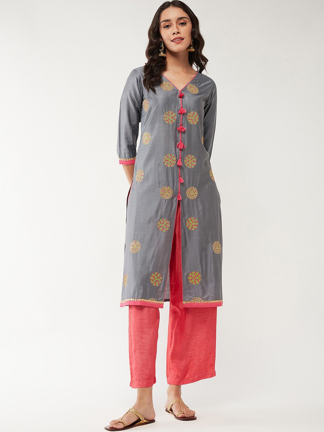 

Pannkh Ethnic Motifs Embroidered Thread Work Straight Kurta, Grey