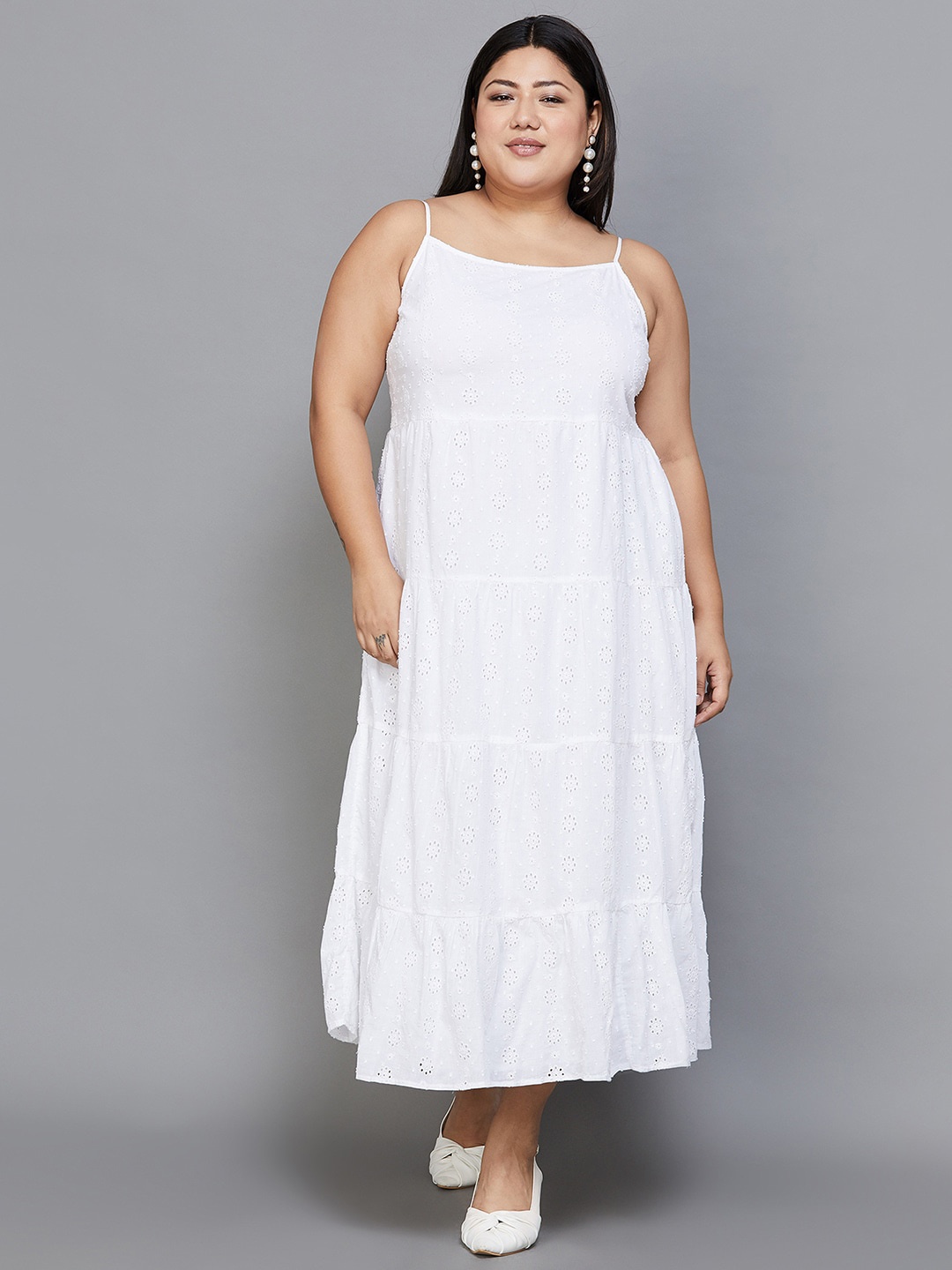 

Nexus by Lifestyle Plus Size Self Design Tiered Schiffli A-Line Midi Dress, Off white