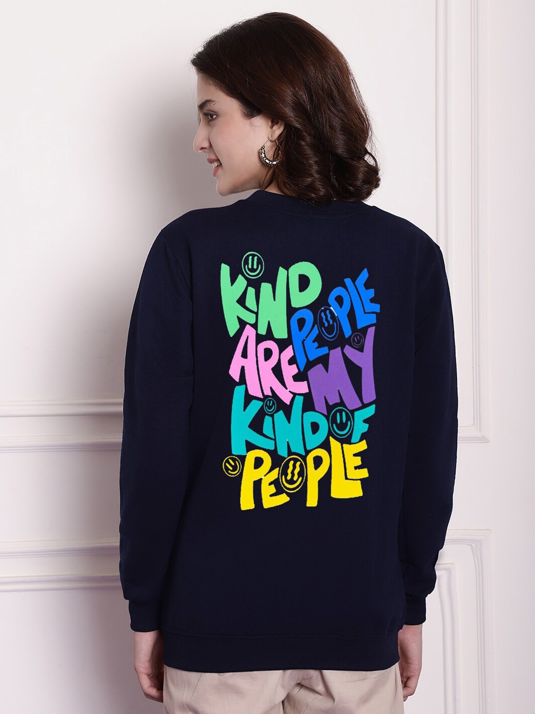 

Imsa Moda Typography Printed Round Neck Long Sleeves Fleece Oversized Pullover Sweatshirt, Navy blue