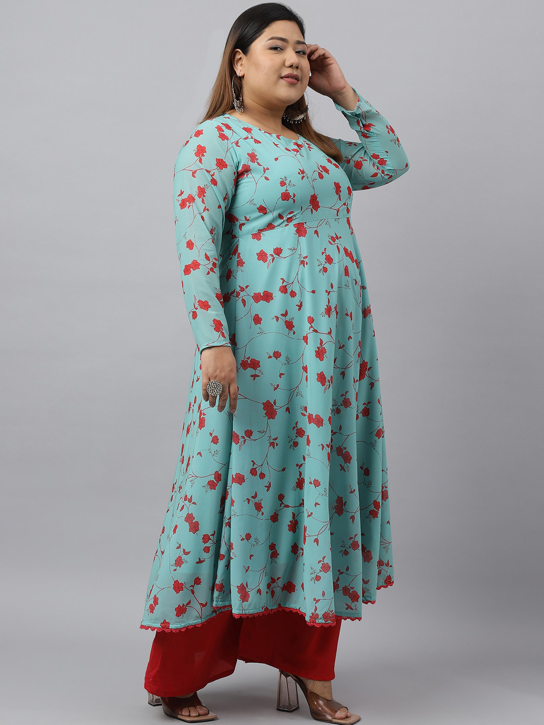 

XL LOVE by Janasya Plus Size Floral Printed Anarakli Kurta & Palazzo With Dupatta, Sea green