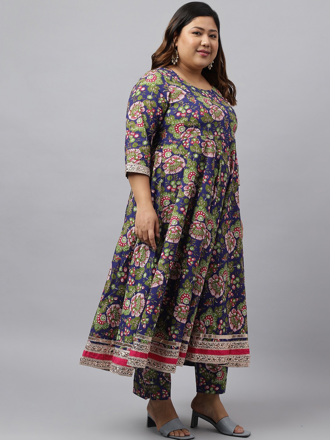 

XL LOVE by Janasya Plus Size Floral Printed Pure Cotton Kurta & Trouser With Dupatta, Blue