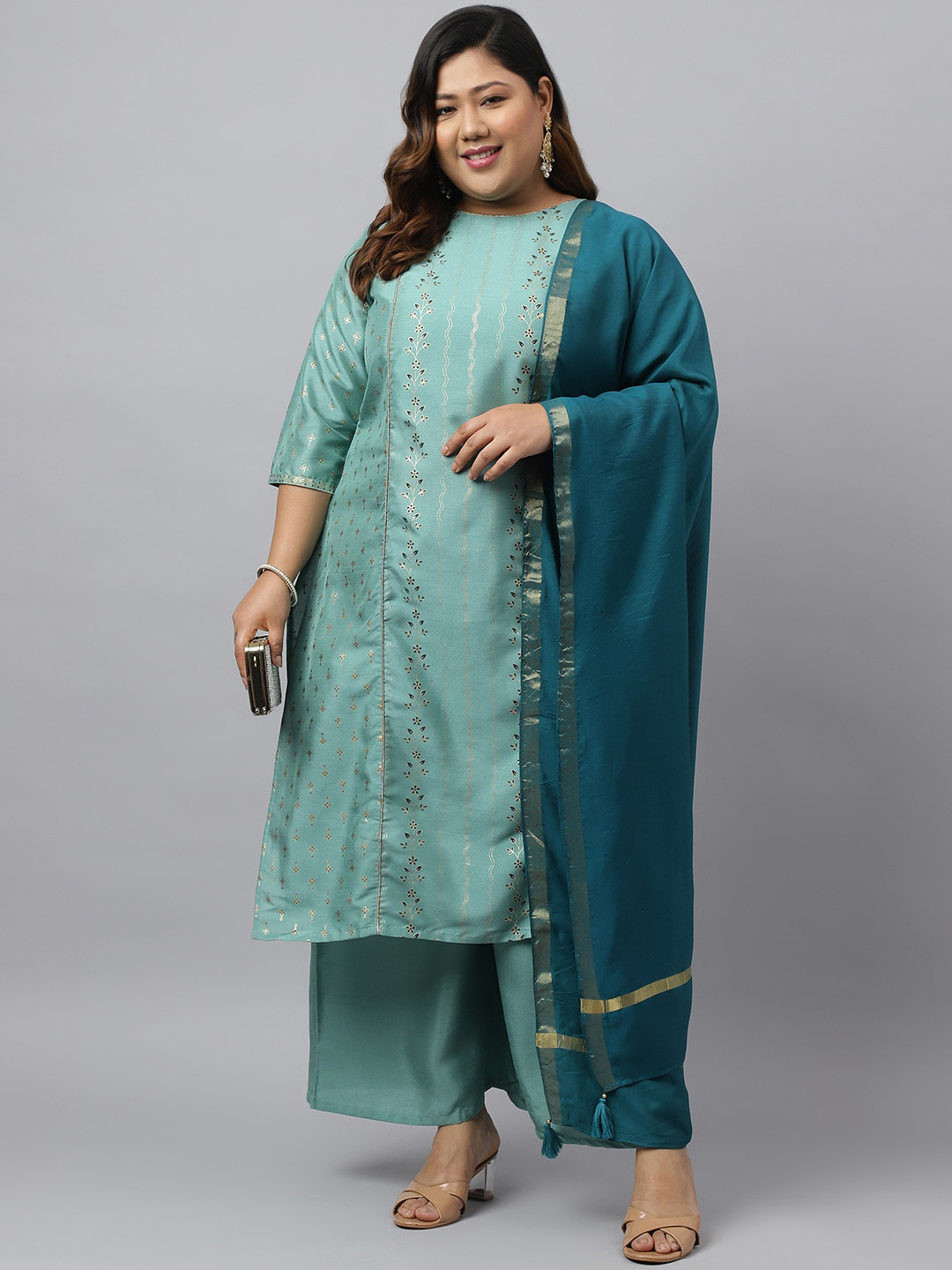 

XL LOVE by Janasya Plus Size Ethnic Motifs Printed Straight Kurta & palazzo With Dupatta, Green