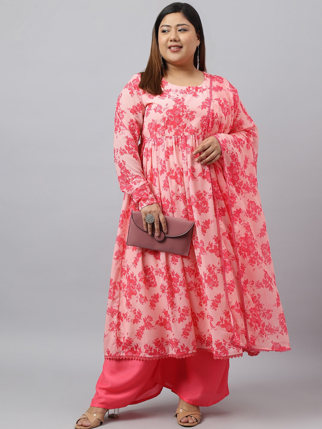

XL LOVE by Janasya Plus Size Floral Printed Anarakli Kurta & Palazzo With Dupatta, Peach