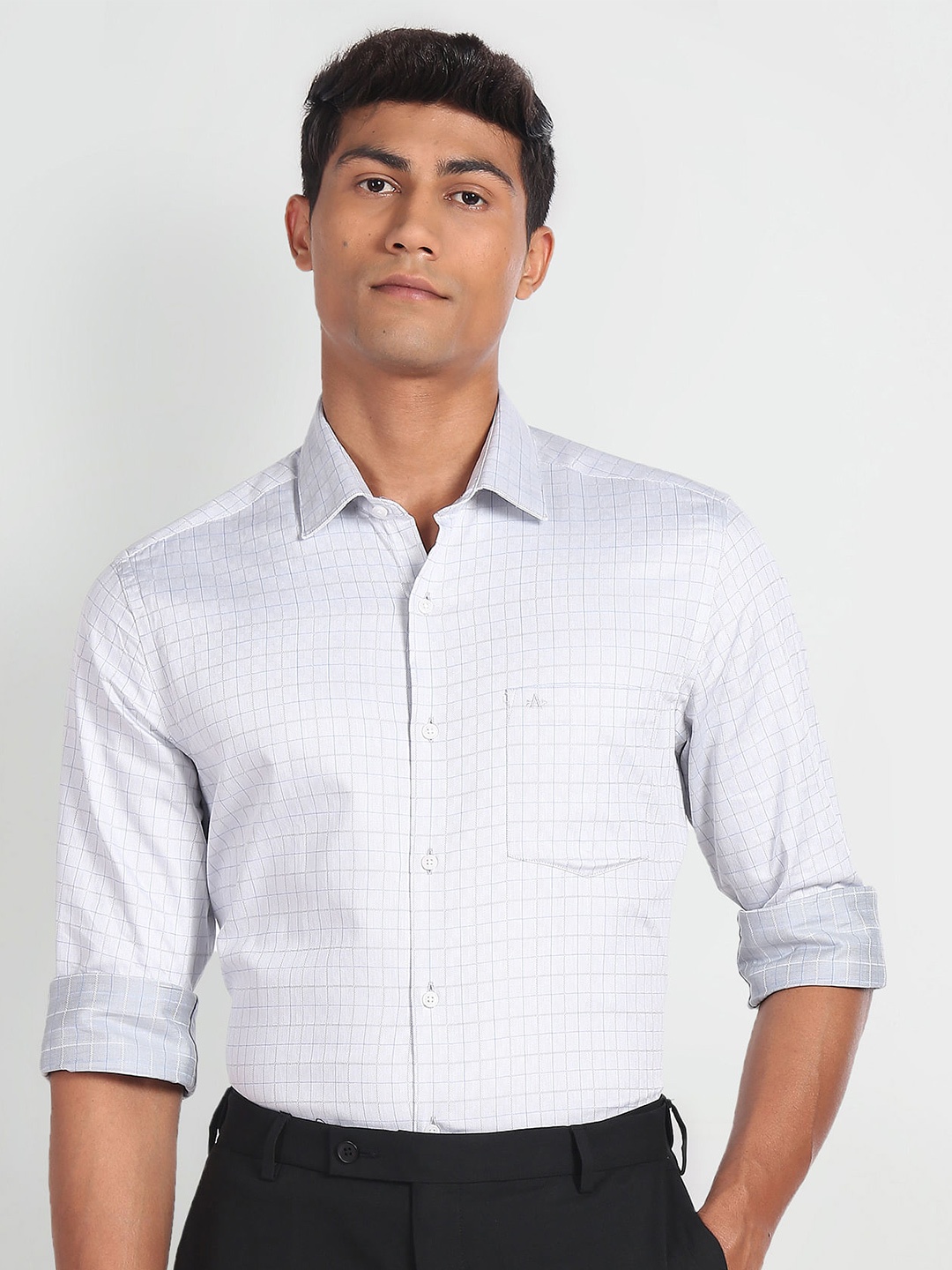 

Arrow Slim Fit Checked Twill Pure Cotton Formal Shirt, Grey